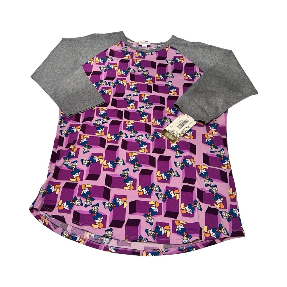 LuLaRoe Disney Randy Donald Duck‎ Raglan Tee Purple Grey Large NWT